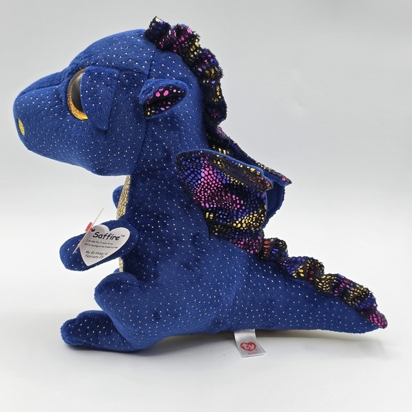 Ty Beanies Boos Saffire Blue & Gold Dragon Plush - Picture 6 of 12